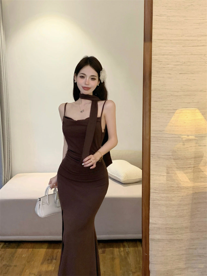 Bareback Strap Dress With Collar Strap (Black, Grey)