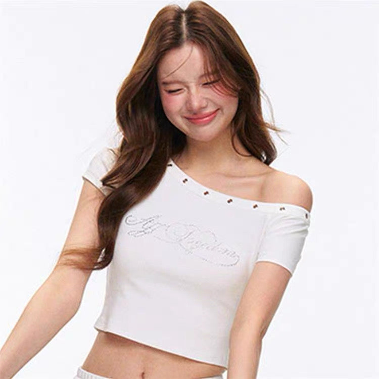 White Off Side Shoulder Diamond Print Top