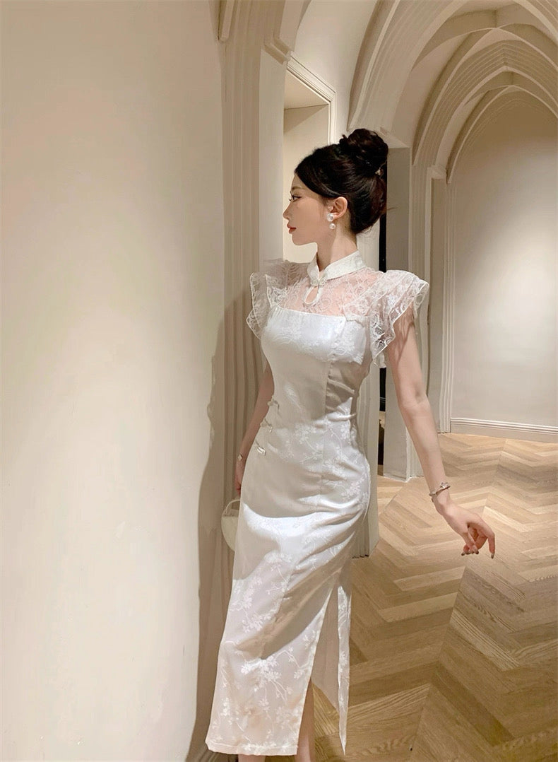Lace Collar White Cheongsam CD001 Long Dress (S)
