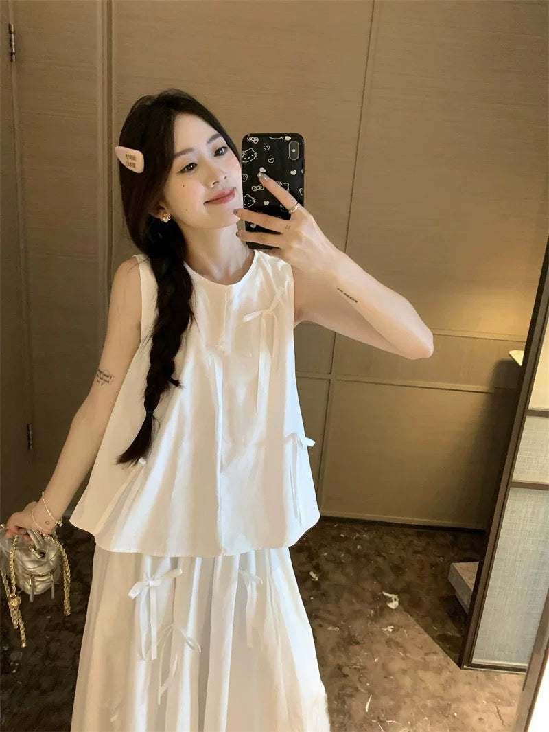 White Ribbons Sleeveless White Top + Skirt Two Piece Set