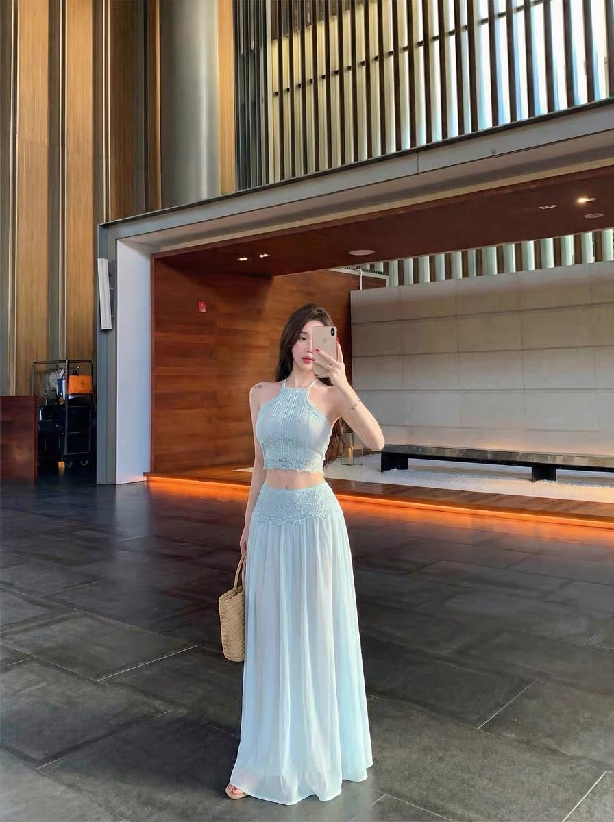Embroidery Chiffon Two Piece Set (Blue, Beige)