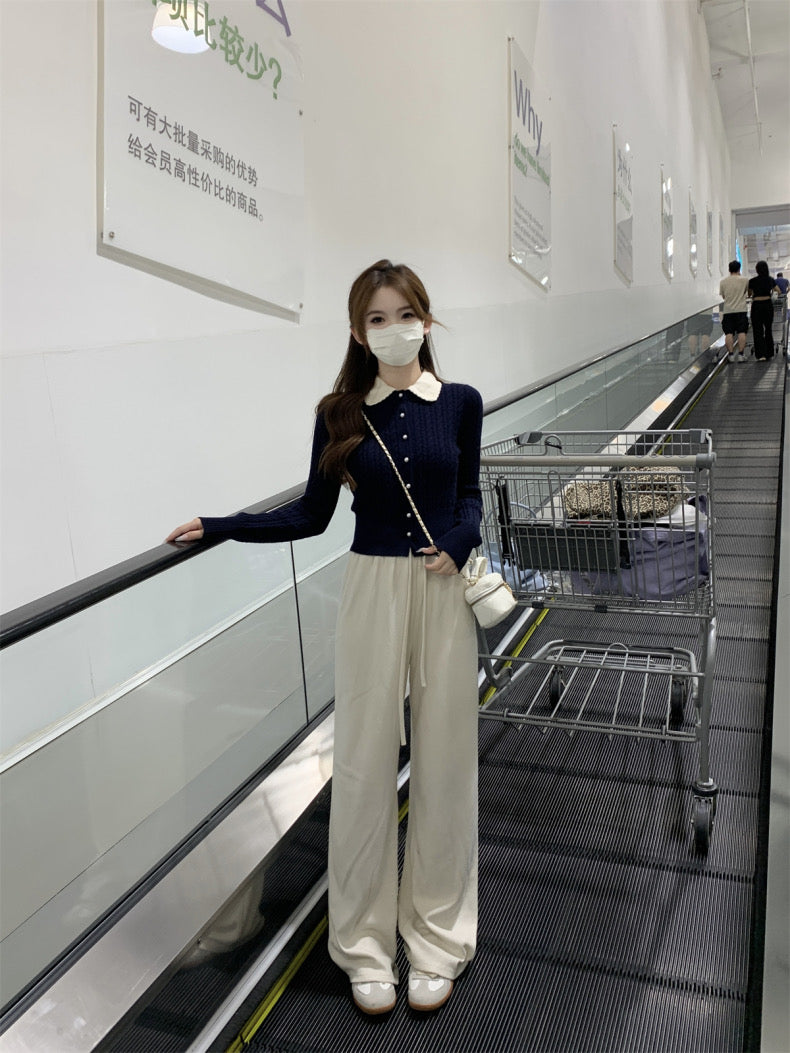 Beige Collar Knitted Long Sleeve Top