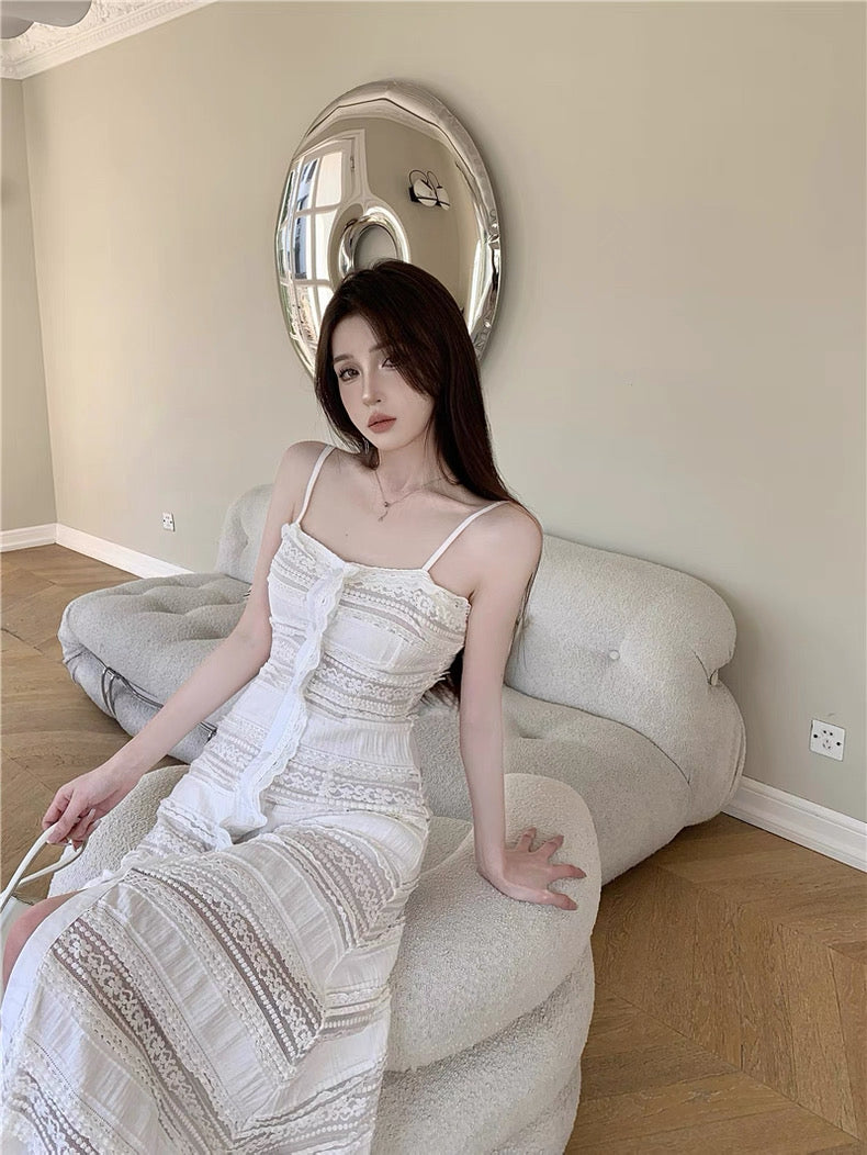 Cream White Embroidery Laces Long Dress Cardigan (S)