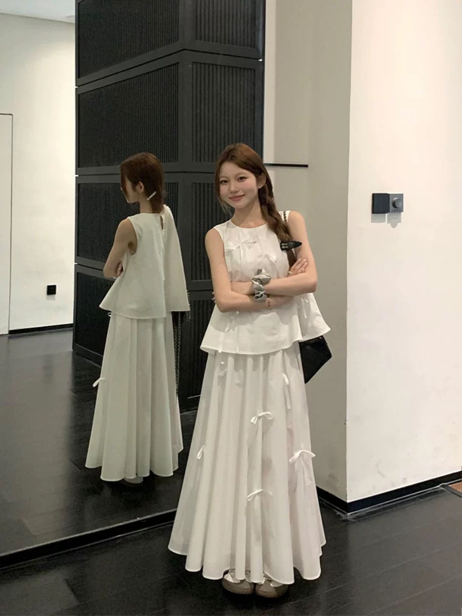 White Ribbons Sleeveless White Top + Skirt Two Piece Set