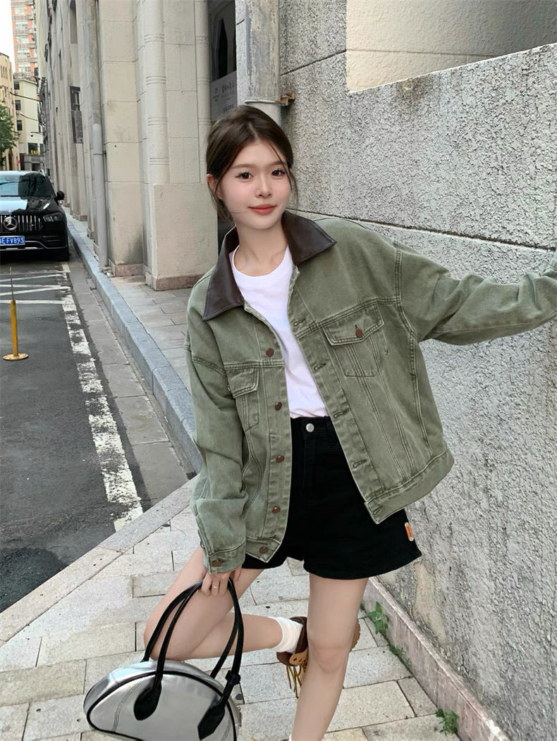 Army Green Denim PU Leather Collar Jacket