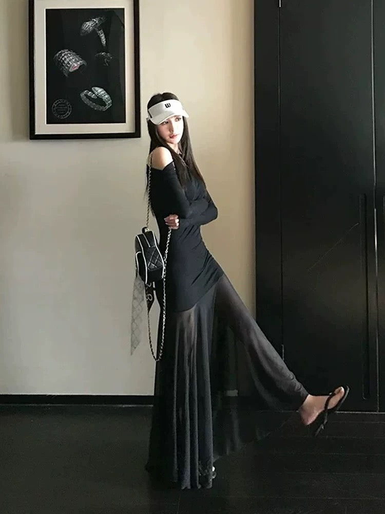 Off Shoulder Mix Mesh Long Sleeve Long Dress