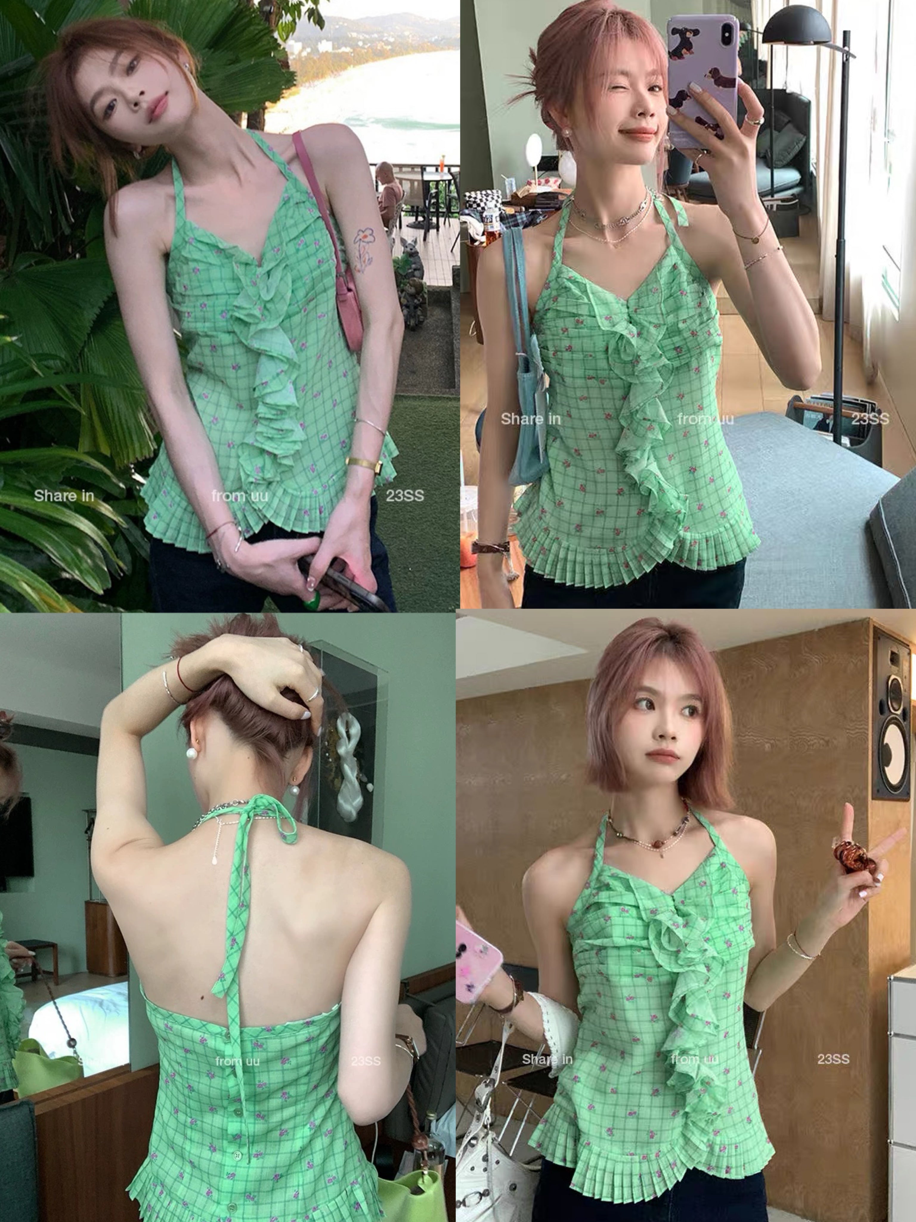 Pink Flo Ruffles Green Top