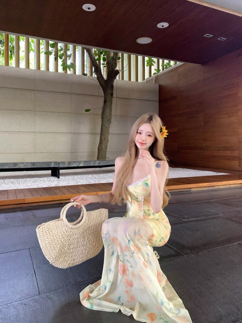 Lace Collar Yellow Long Dress