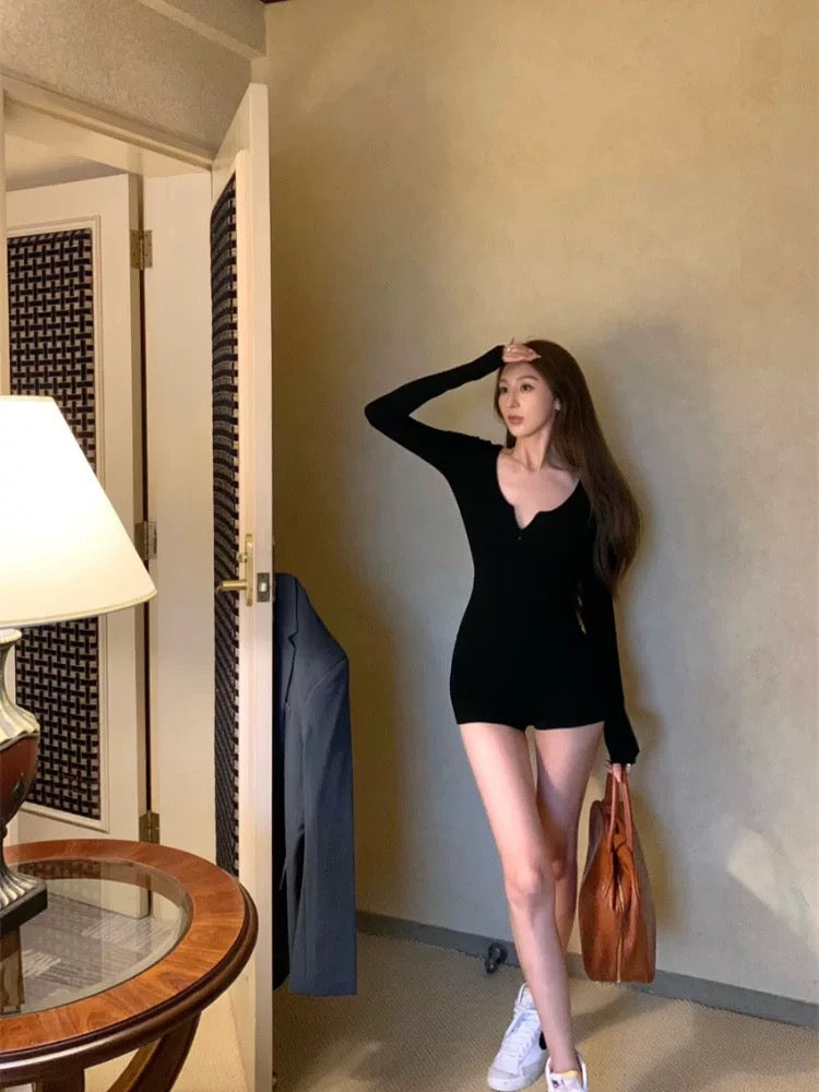U Collar Long Sleeve Romper (Grey, Black)
