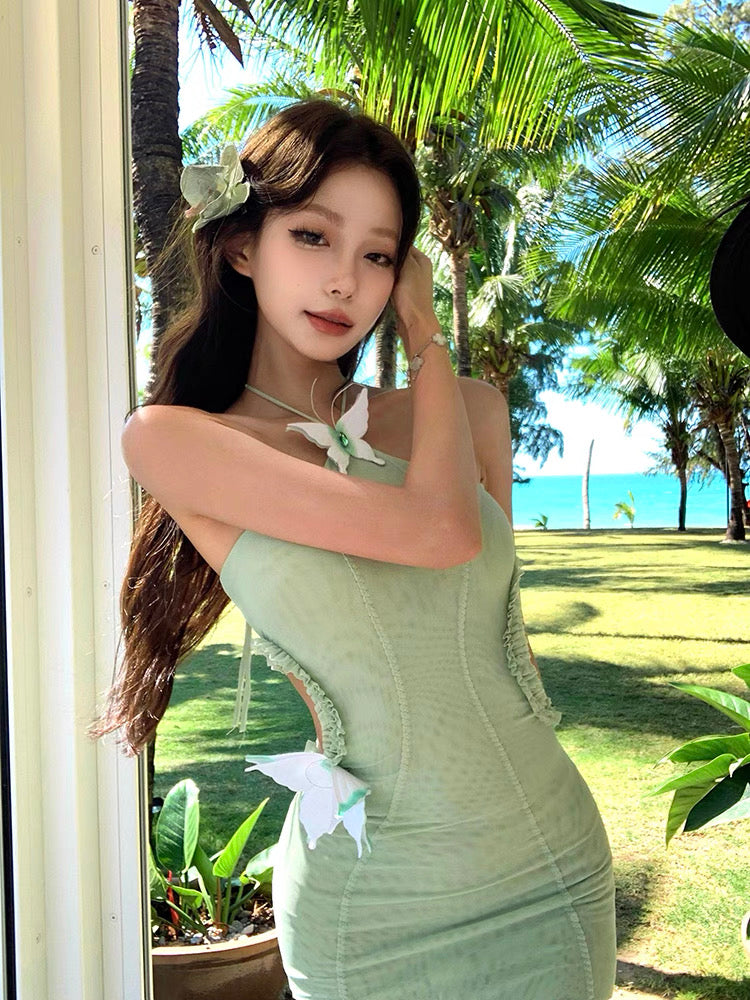 Butterfly Waist Cut Mint Green Long Dress (XS)