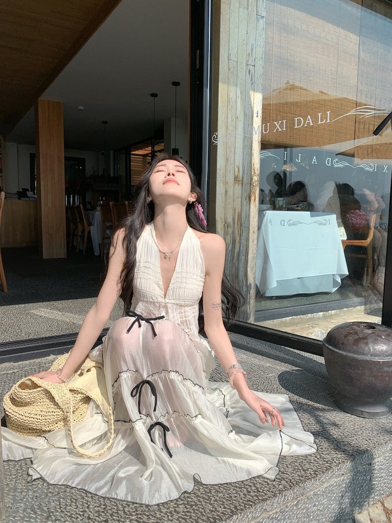 Beige Lace Top + Long Skirt Two Pieces Set