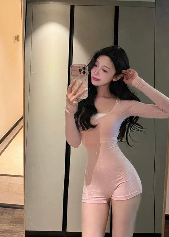 Soft Pink Round Collar Long Sleeve Romper (XS)