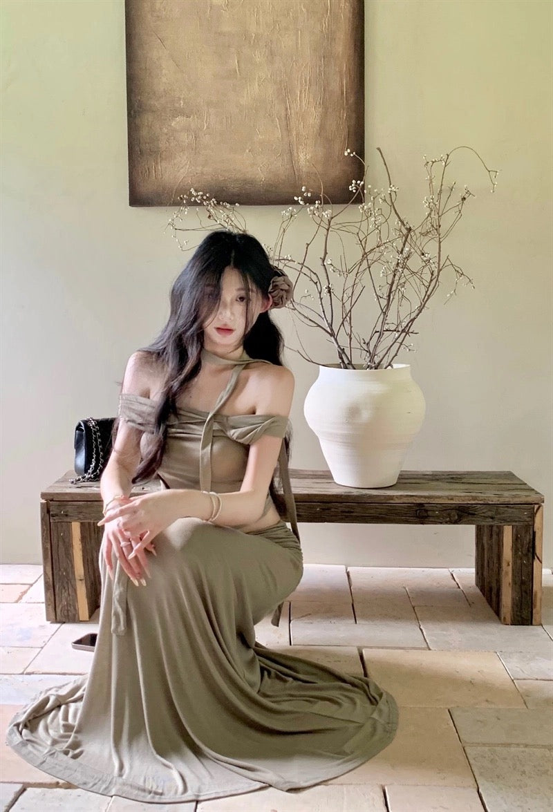 Milk Tea Off Shoulder Top + Long Skirt + Strap Three Pieces Set