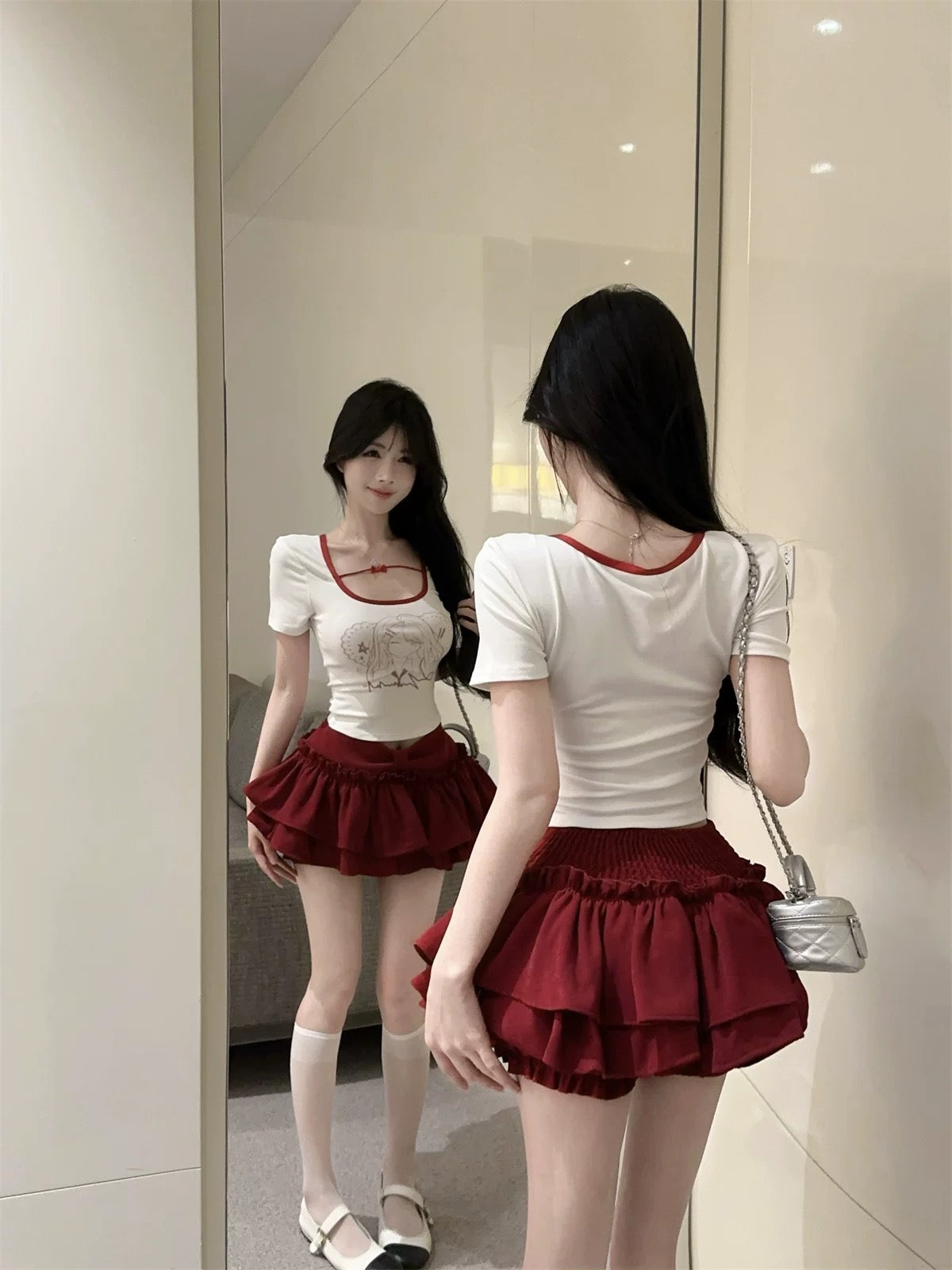 Wine Red Bow Middle Waist Puff Latern Skirt Short SK24 (S, M)