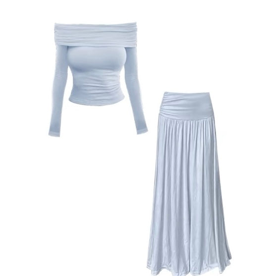 Off Shoulder Long Sleeve Top + Long Skirt Two Pieces Set