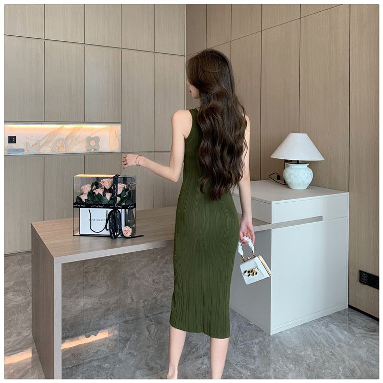 Sleeveless Khaki Knitted Long Dress