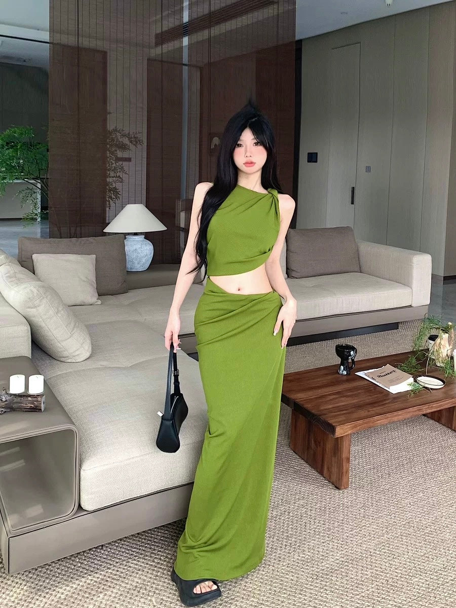 Green Top + Long Skirt Two Pieces Set