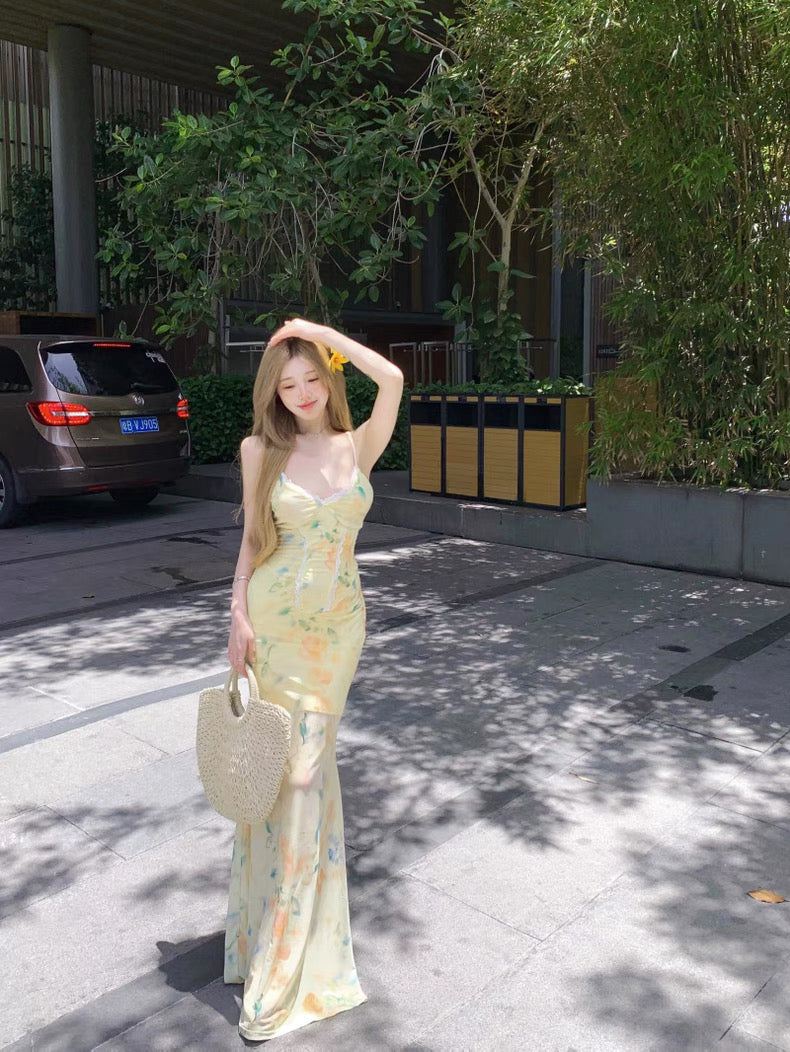 Lace Collar Yellow Long Dress