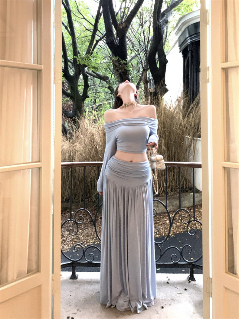 Off Shoulder Long Sleeve Top + Long Skirt Two Pieces Set