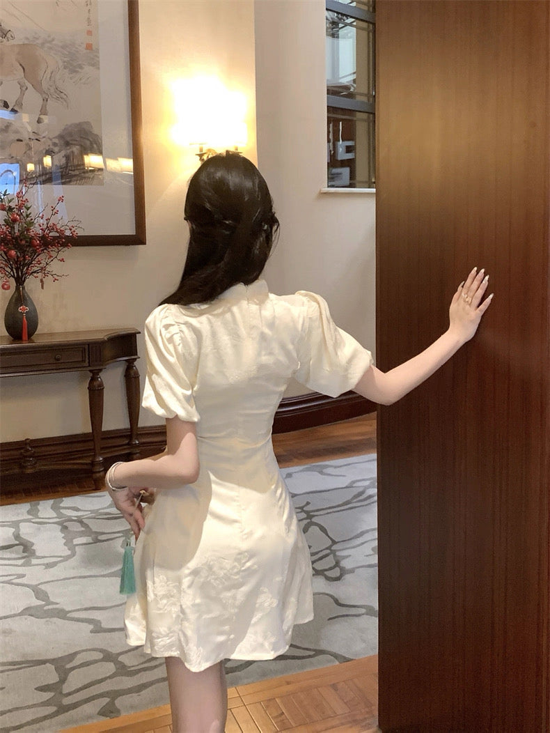 Puff Sleeve Cream Cheongsam CD005 Short Dress (S, M)