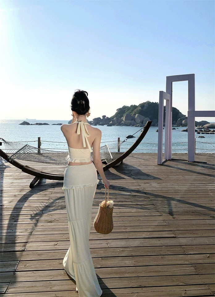 V Collar Top + Long Skirt Two Pieces Set