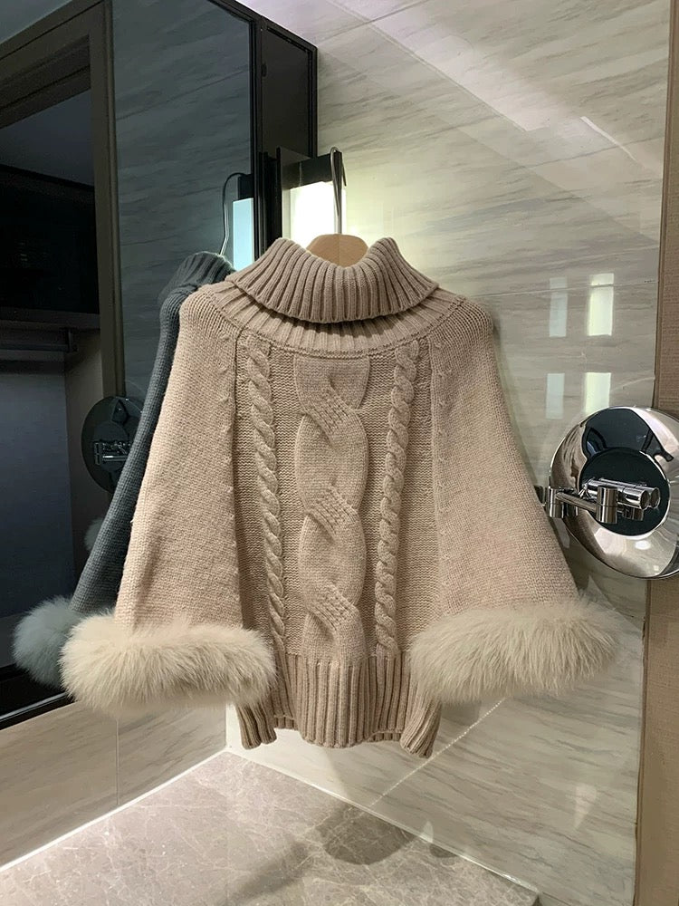Fur Sleeve Multi Wear Collar Knitted Top (Cream, Brown)