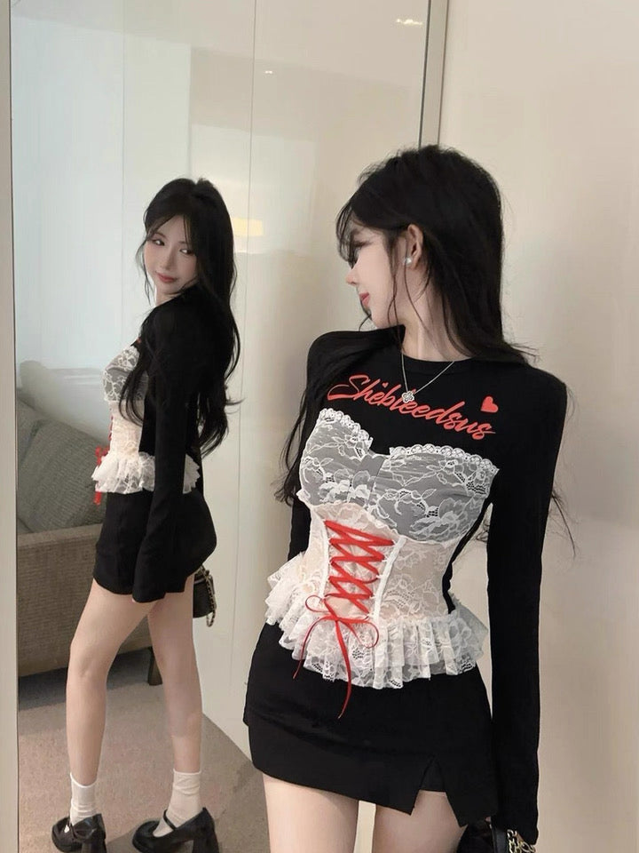 Lace Up Black Long Sleeve Crop Top