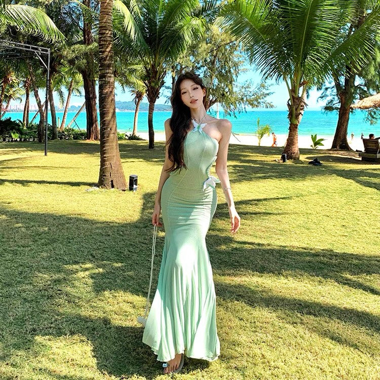 Butterfly Waist Cut Mint Green Long Dress (XS)