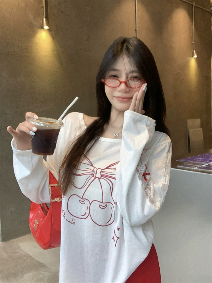 Red Ribbon White Long Sleeve Top
