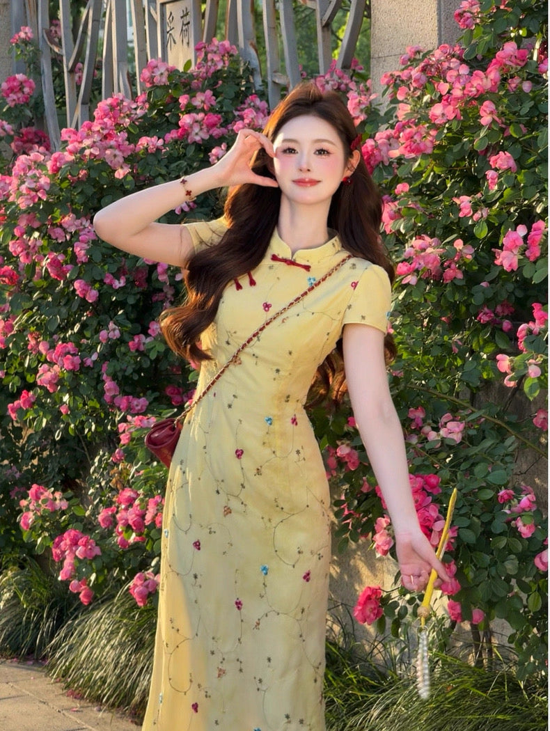 Red Button Yellow Cheongsam CD015 Long Dress (S, M)
