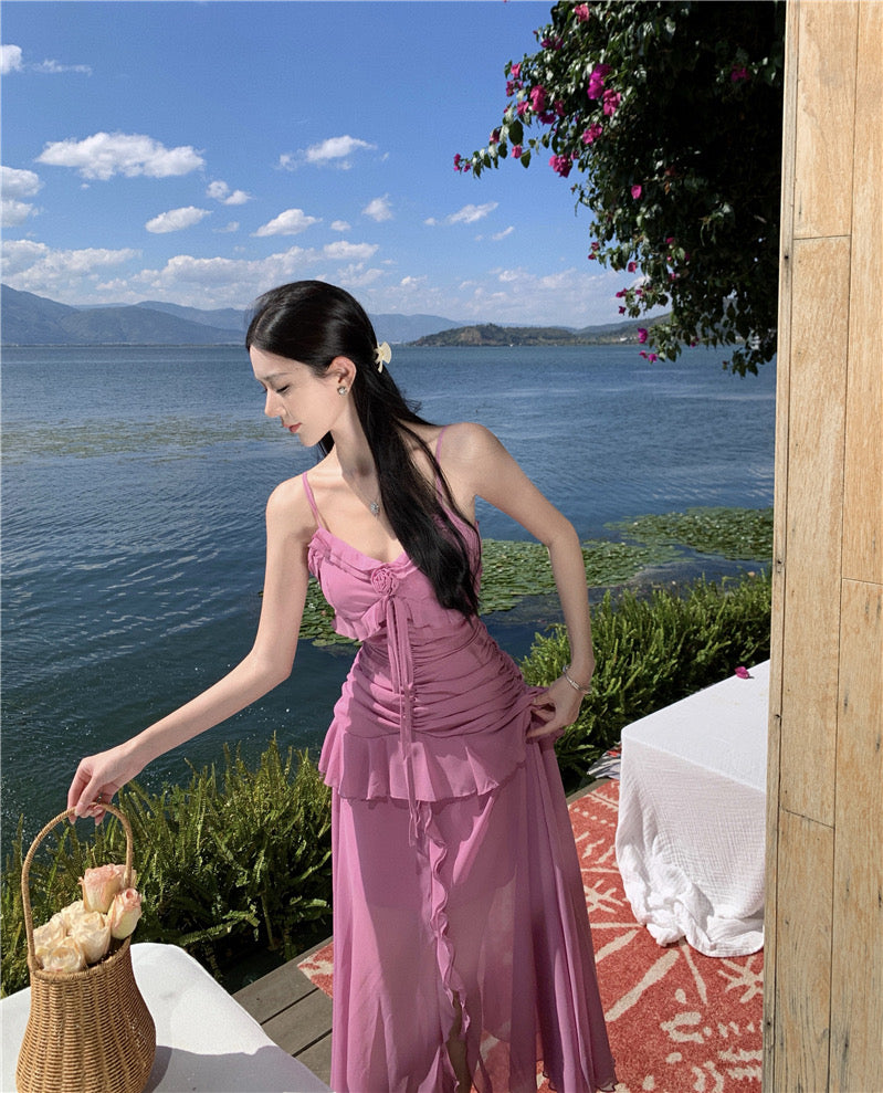 Purple Pink Chiffon Long Dress (S, M)