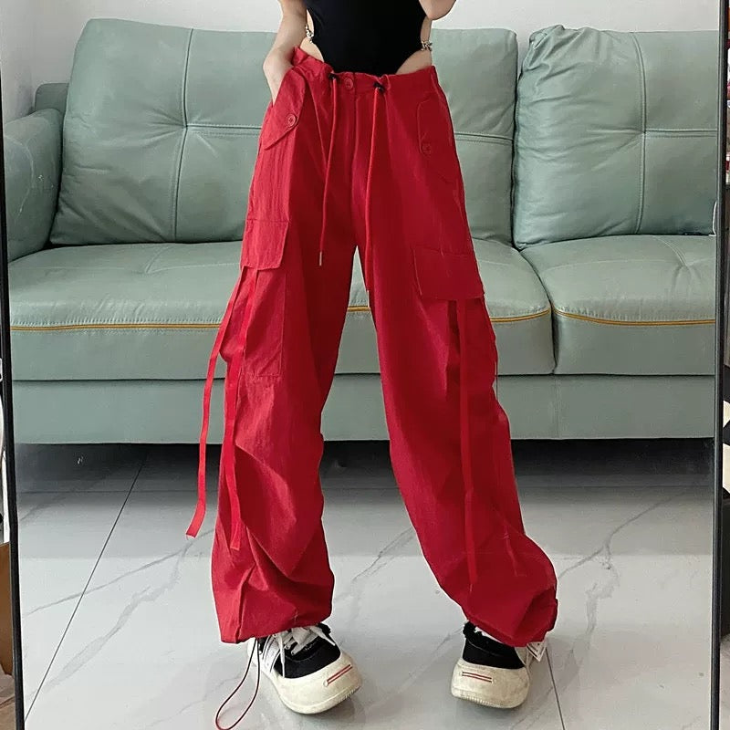 High Waist Strap Cargo Long Pants (Red, Black)