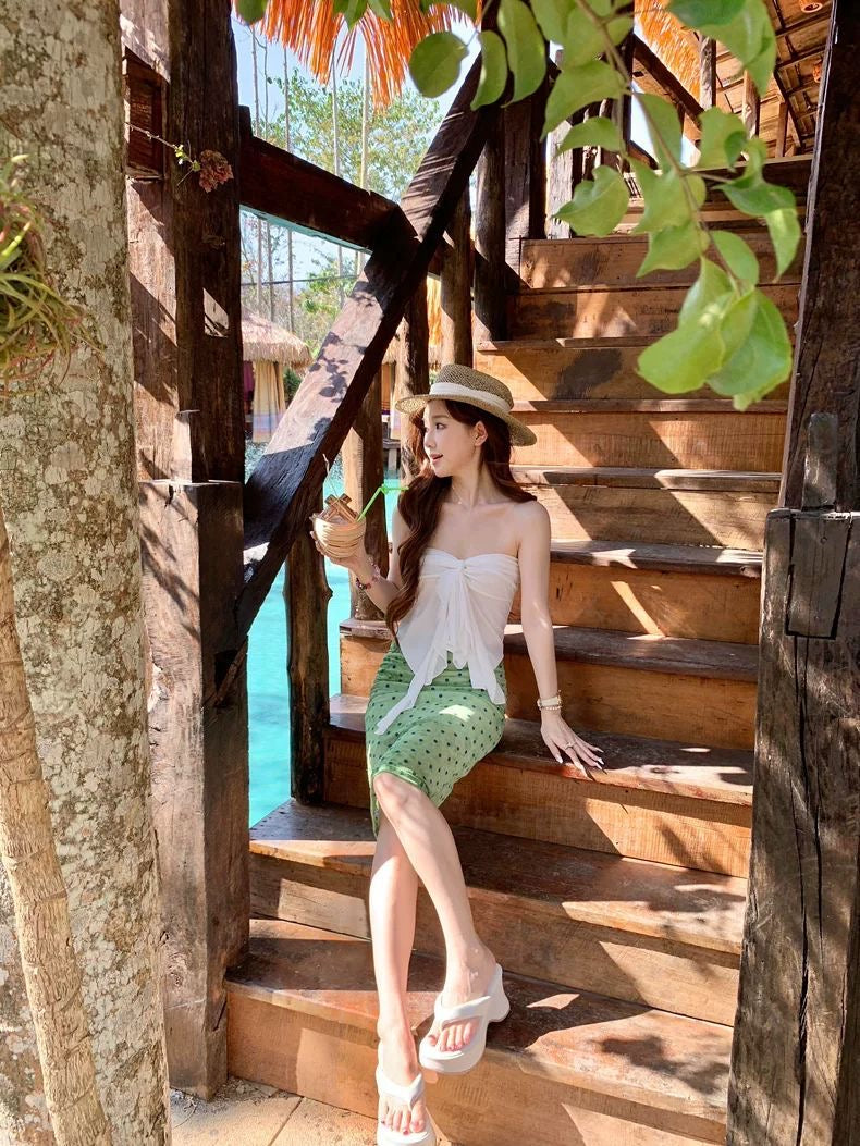 White Top + Green Polka Dot Skirt Two Piece Set