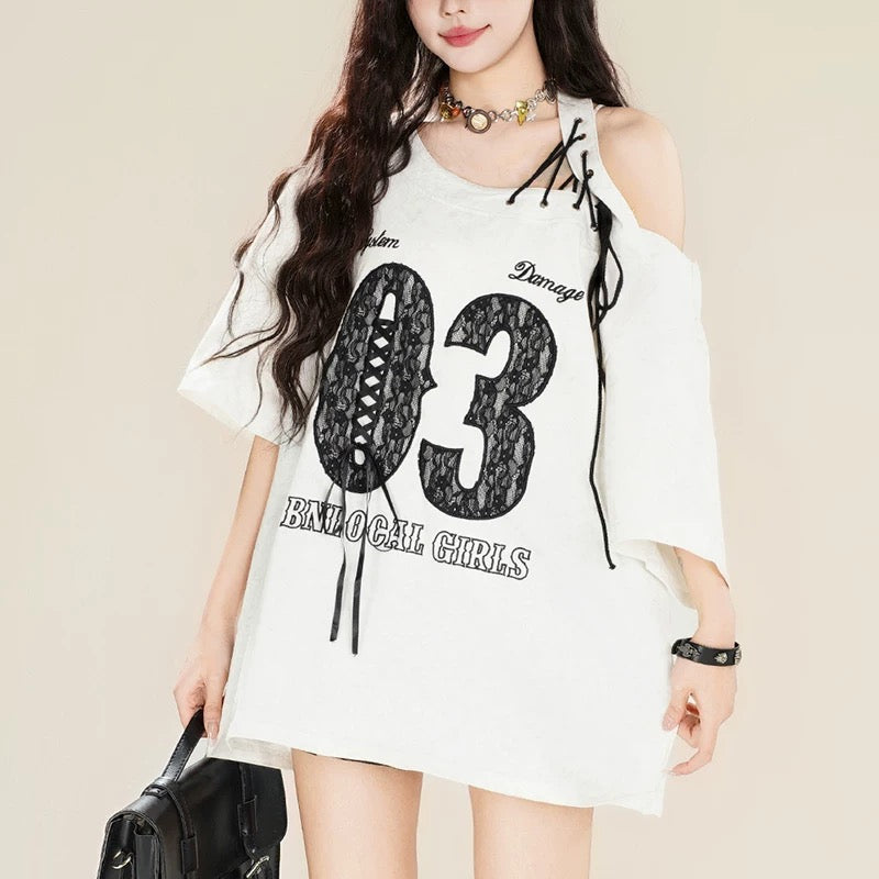 Off Side Shoulder Short Sleeve Ball Tee Top