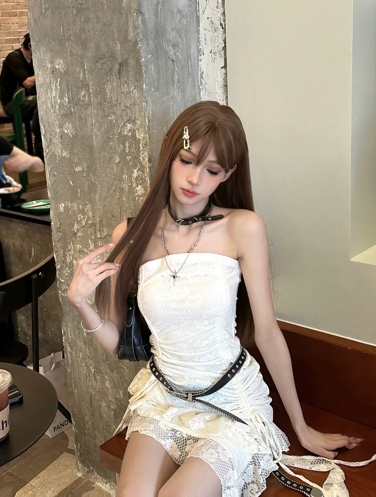 White Lace Unequal Tube Dress (XS)