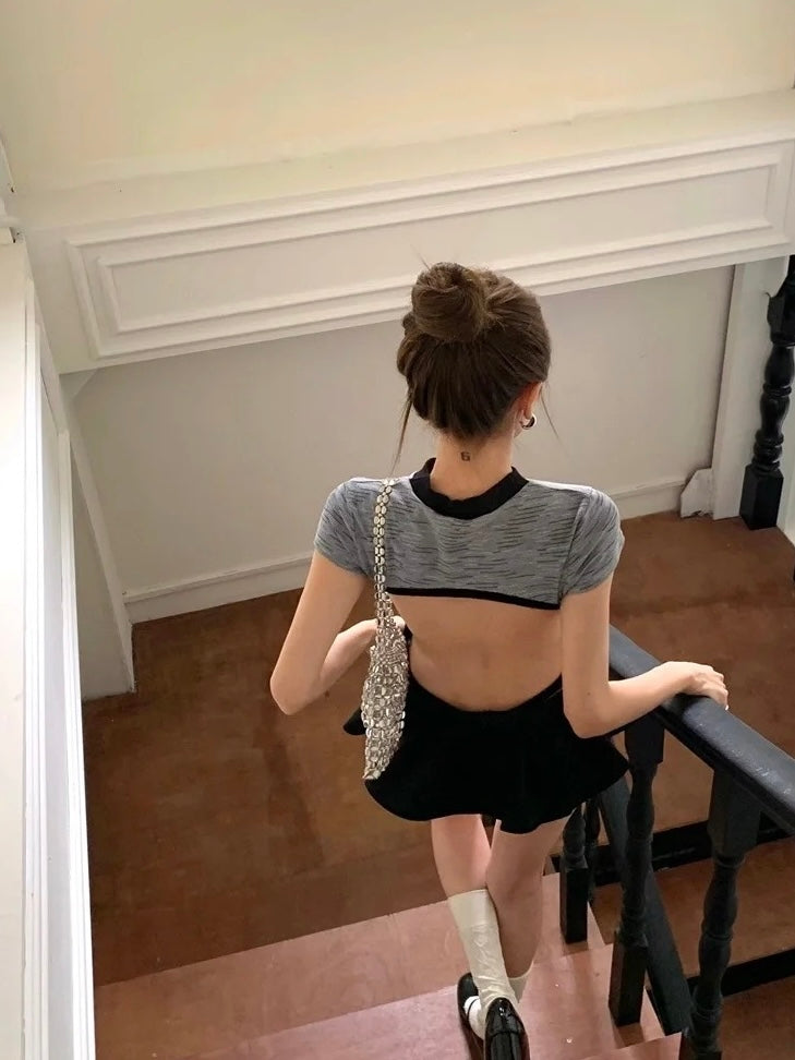 Bareback Grey Top + Low Waist Black Skort