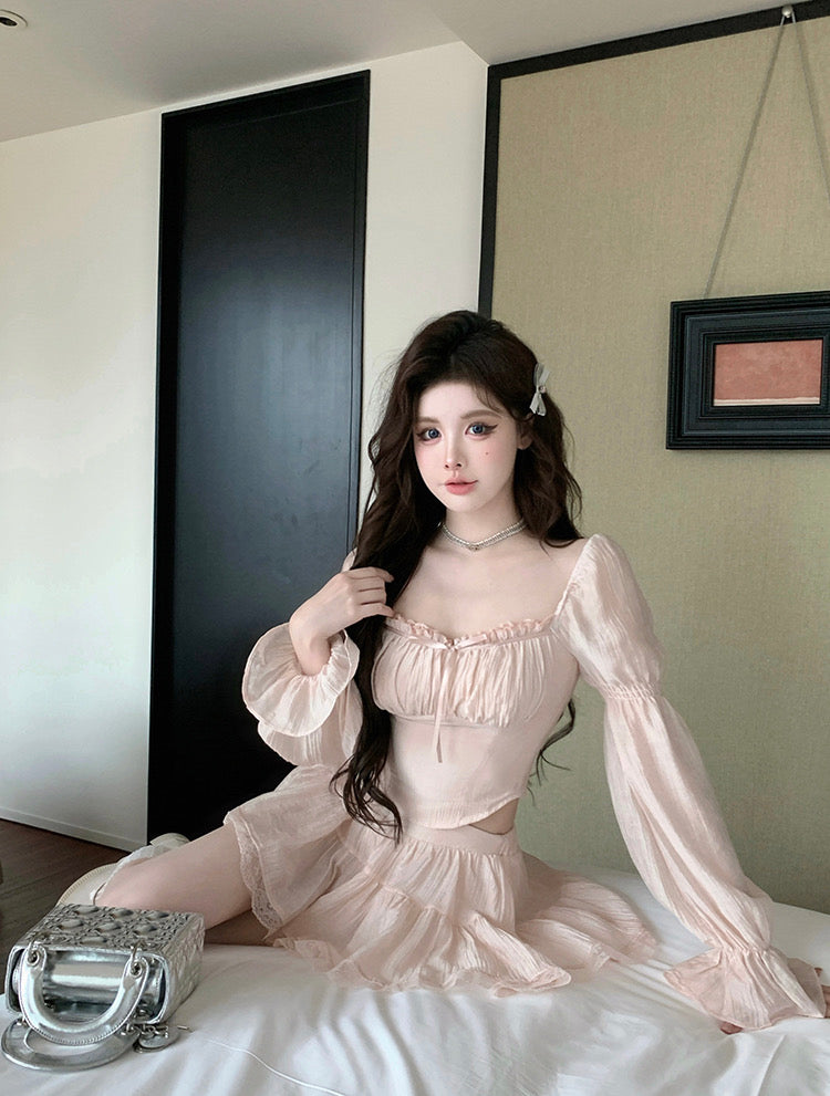 Pink Long Sleeve Top + Skirt Two Pieces Set