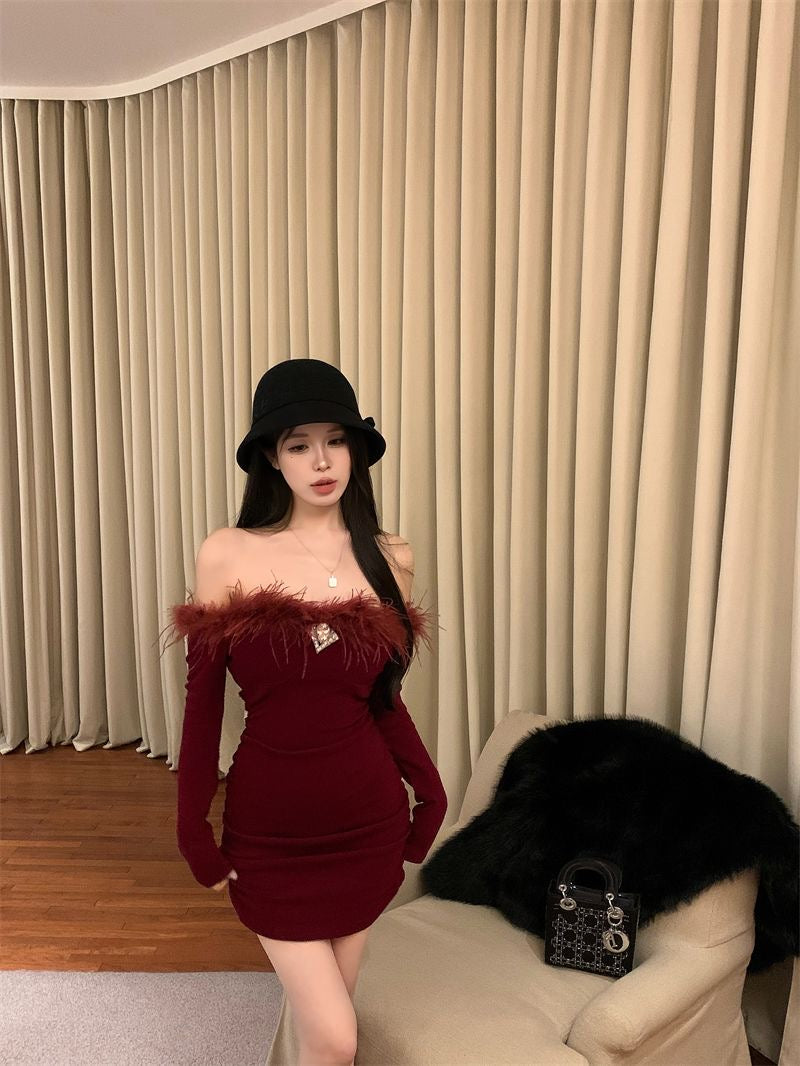 Christmas Off Shoulder Long Sleeve Wine Red Dress C005