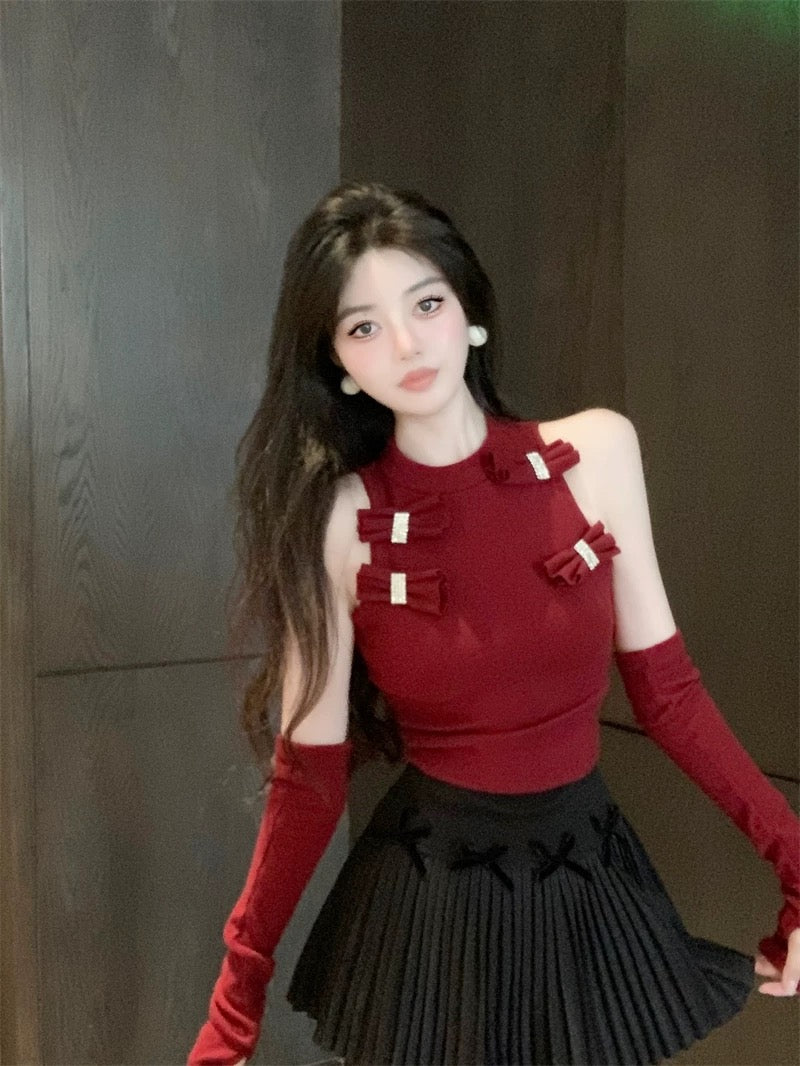 Bows Knitted Red Top With Sleeve