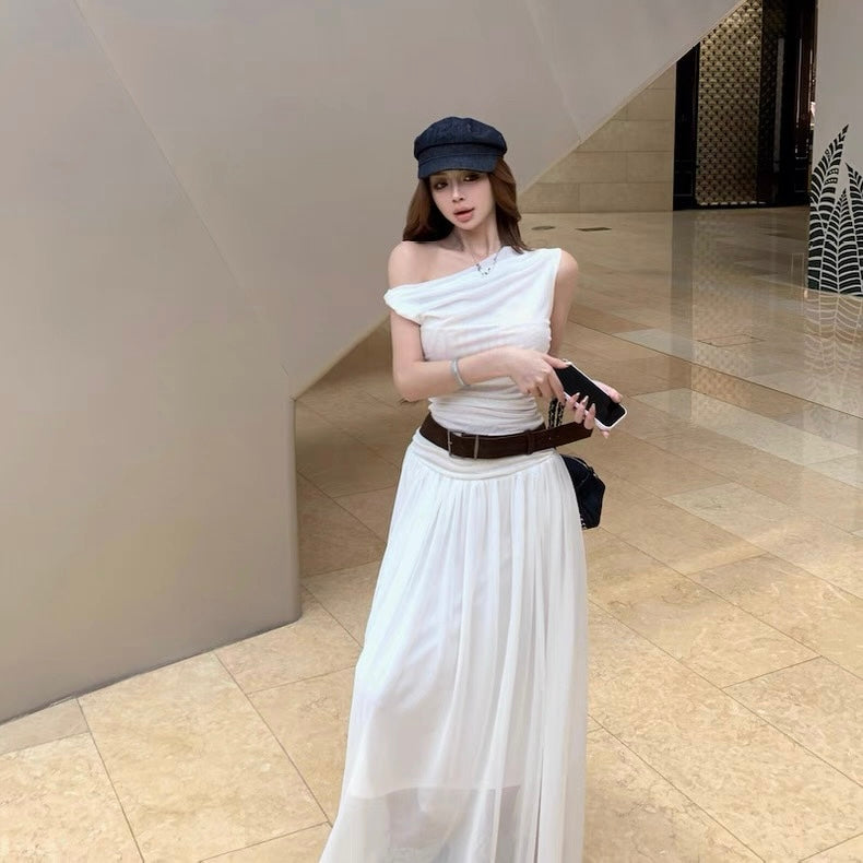 Off Shoulder Mesh Long Dress With Belt