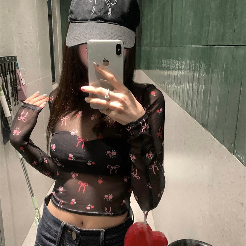 Pink Ribbons Thin Long Sleeve Mesh Crop Top Outerwear