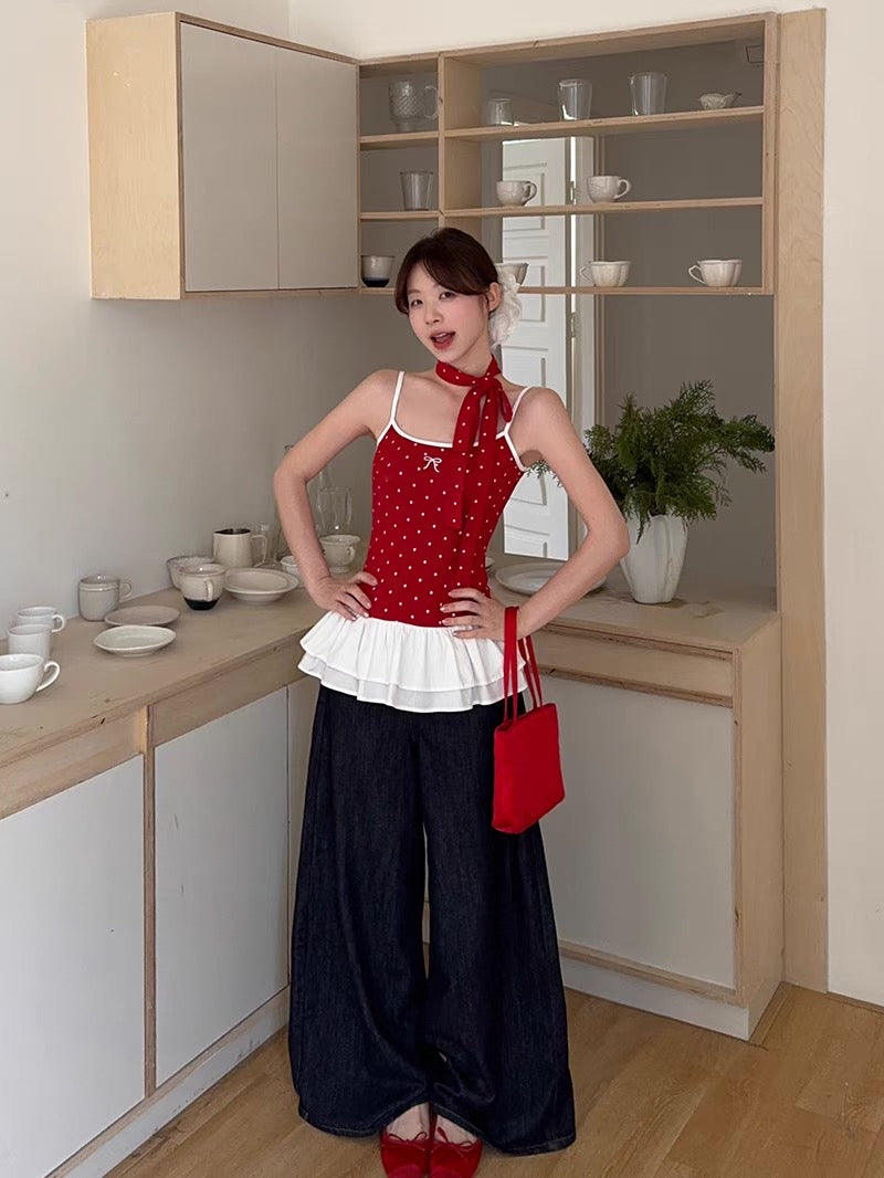 Mini Polka Dot White Layered Bottom Top With Strap