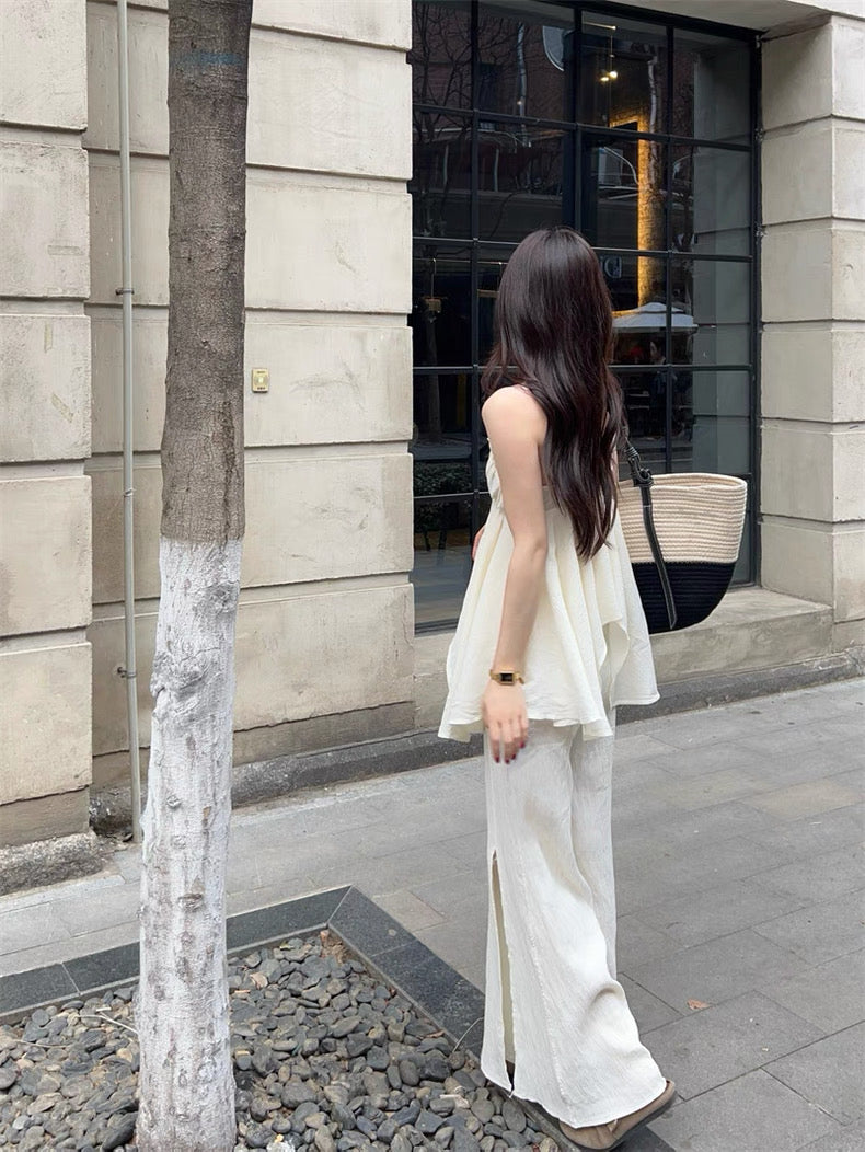 Bohemian Strap Top + Pants Two Piece Set (Cream)