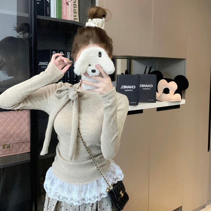 Tie Up Collar Grey Long Sleeve Top