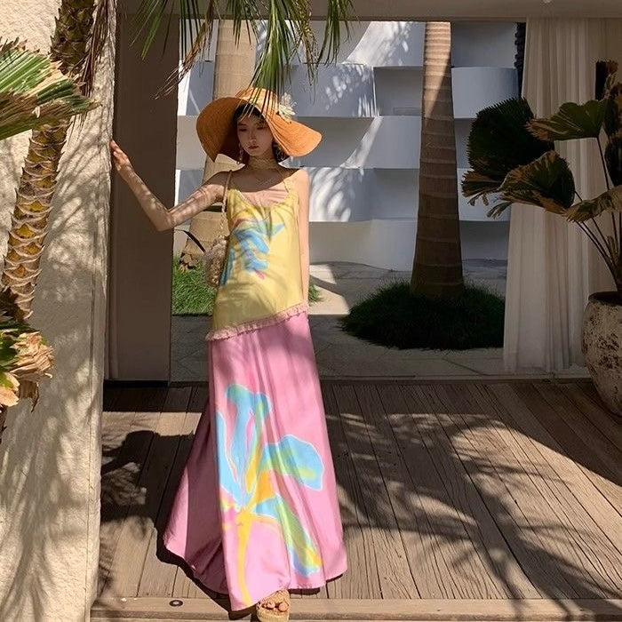 Yellow Pink Strap Long Dress