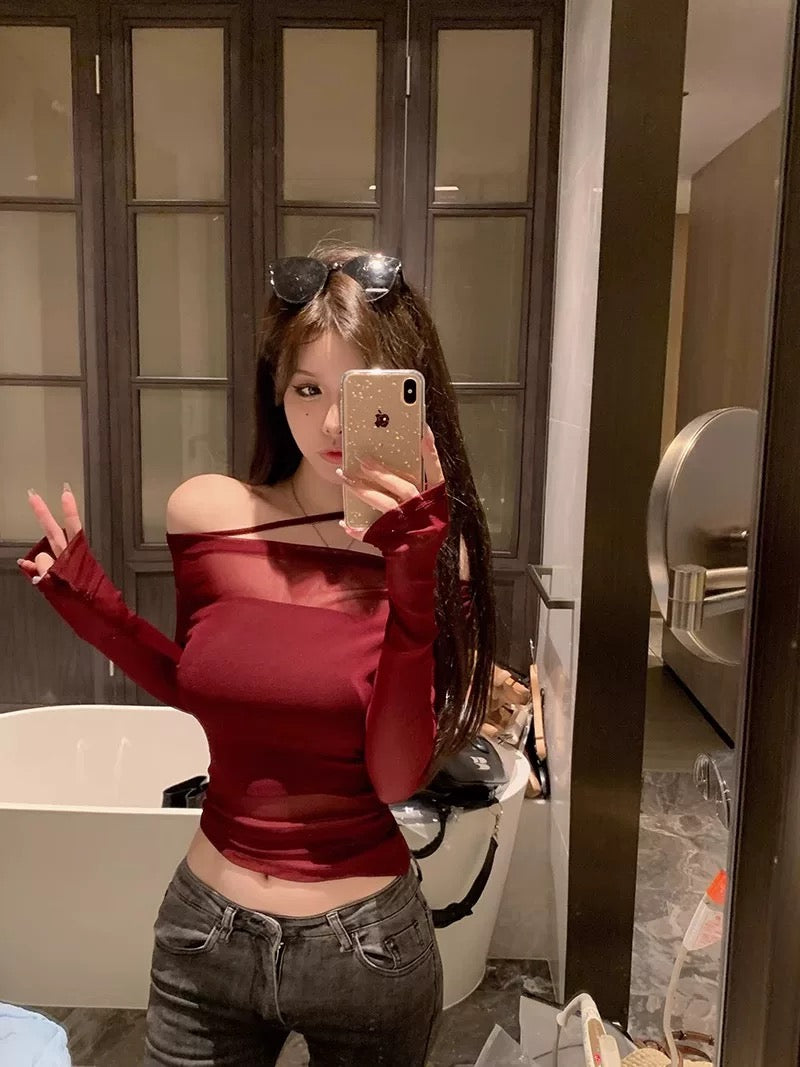 Mesh Off Side Shoulder Long Sleeve Top with tube