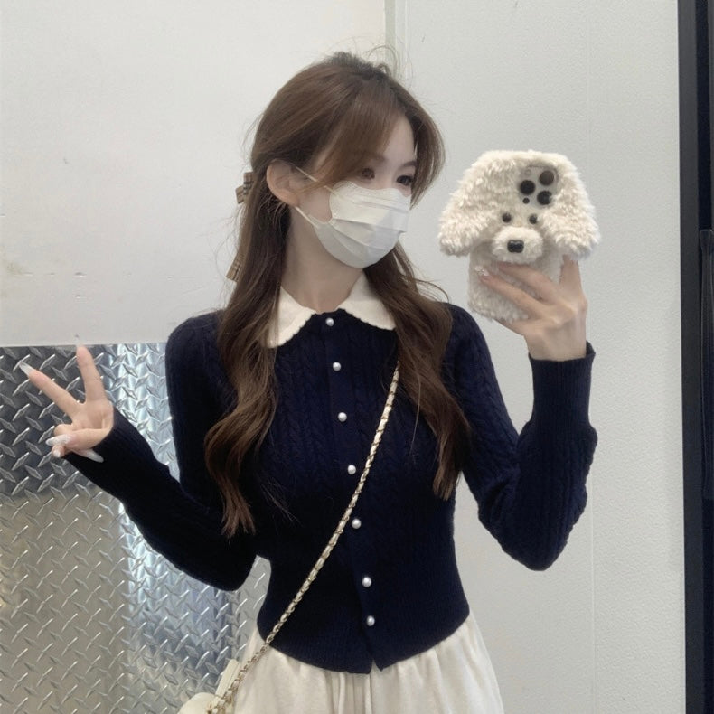 Beige Collar Knitted Long Sleeve Top