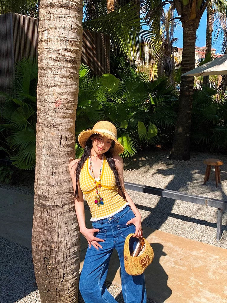 Round Lace V Collar Ginham Top With Pad 胸垫 (Yellow, Red)