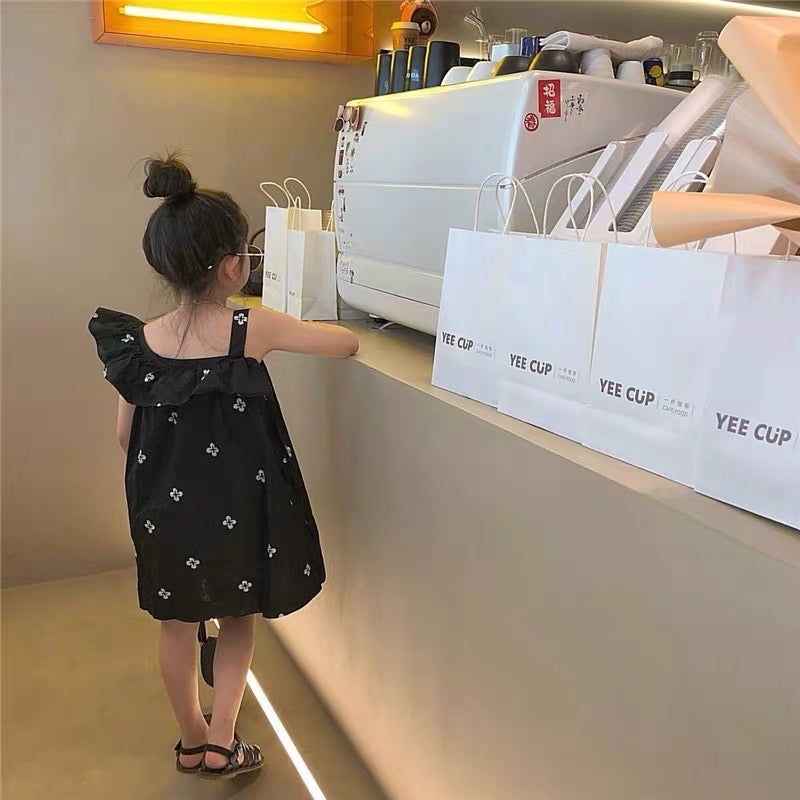 Little Girl White Flo Black Dress (90,110,130)