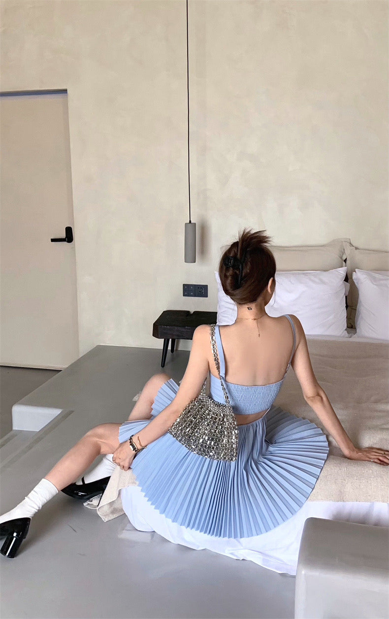 Sweet Pleated Blue Dress (Blue - L - 3XL)